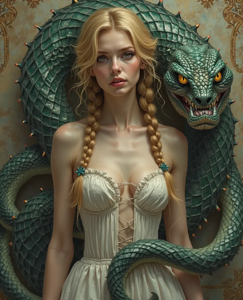 Photo. A Russian beauty with a half-braided golden braid and a half-unbuttoned dress is wrapped in a scaly snake with clawed legs in the Vallejo style