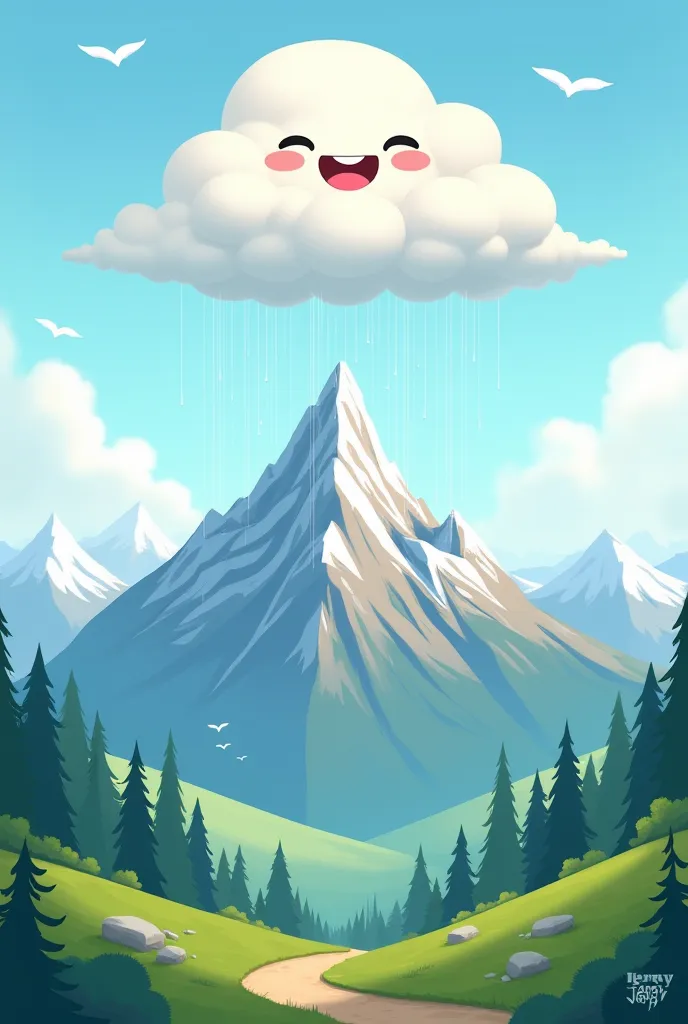 Create a cartoon of a cloud raining above a mountain