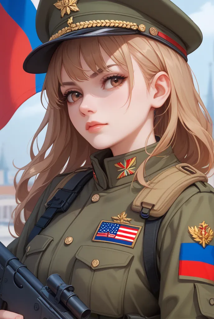 Portray an anime girl, about 25 years old. She is dressed in a Russian military uniform, and on her right shoulder she has a chevron with the Russian flag (the Russian flag consists of three colors that go under each other. White, blue, Red). She also hold...