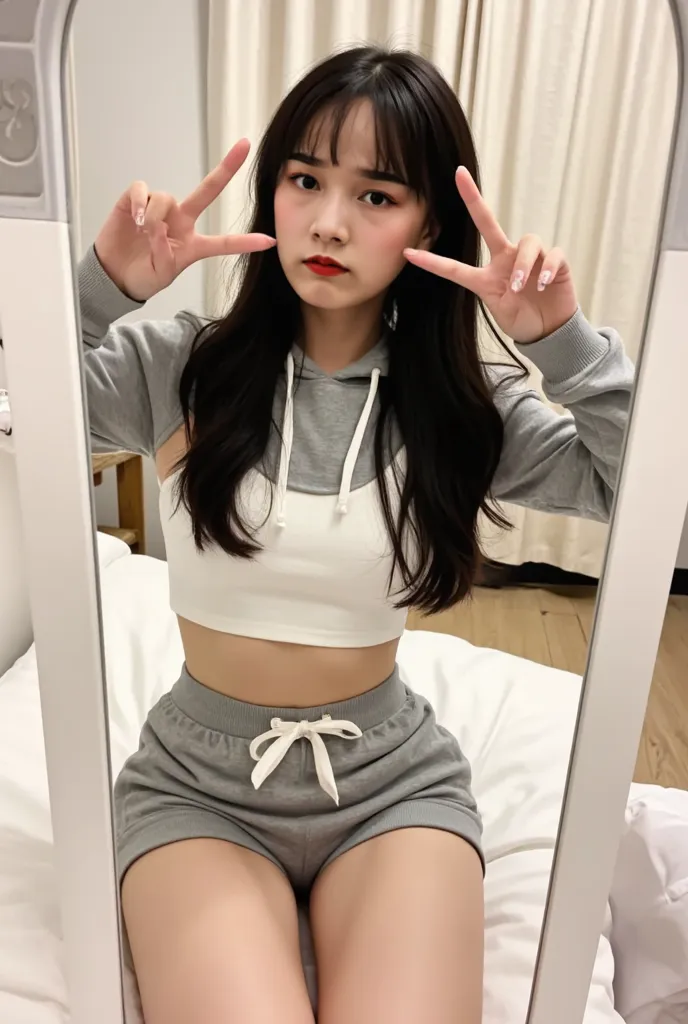 A young woman with long, wavy black hair takes a mirror selfie in a cozy bedroom. POV, Instagram post, She wears a stylish gray hoodie over a white cropped top, paired with gray shorts. Social media, Her hair flows gently with soft curls, framing her face ...