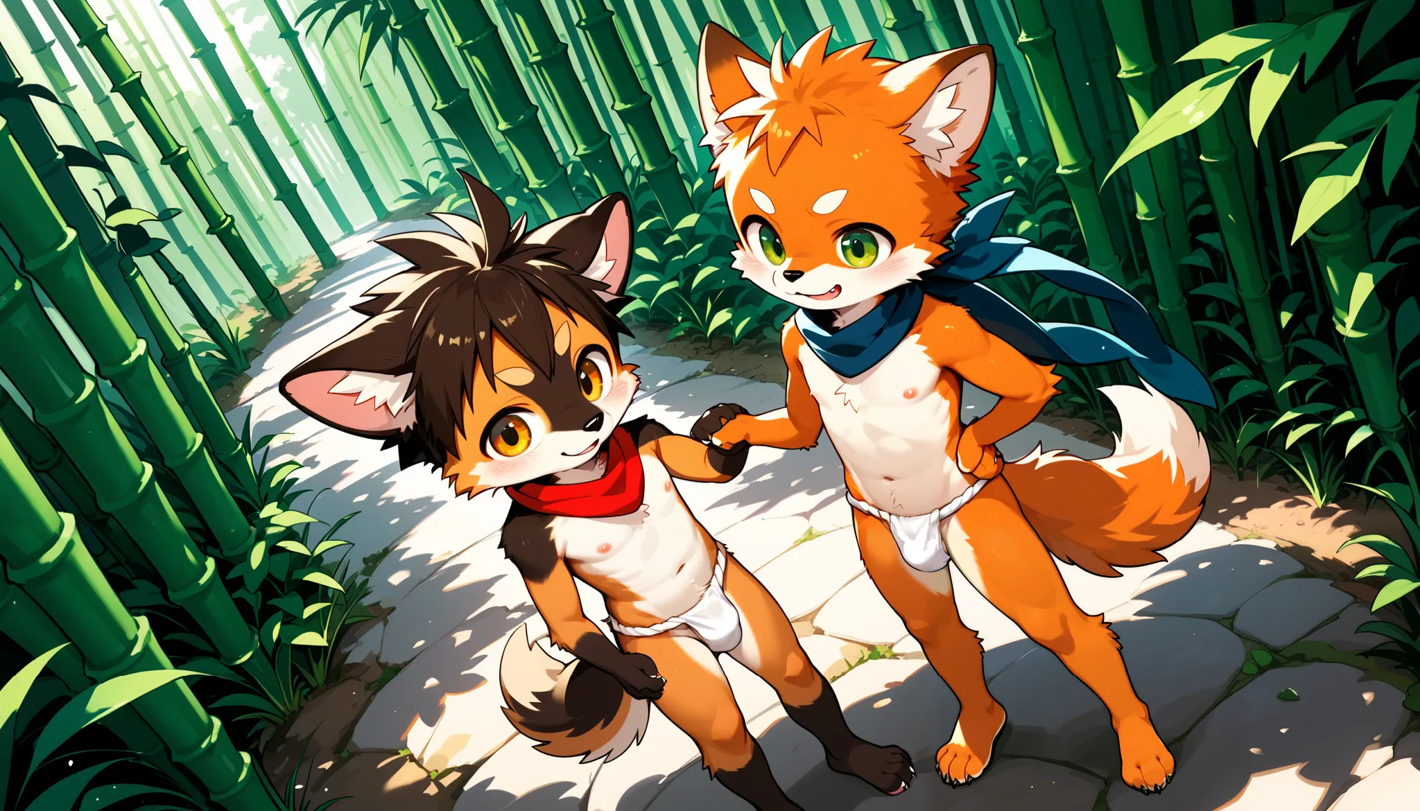 kemoshota furry boys,  best quality,best resolution,(fluffy anthro furry :1.6),(young :1.6), 2 boys, short-height, dynamic angle, scarf, tail, ninja boys, shugyo, bamboo woods, fundoshi, furry ears, close-up fundoshi, from dogs point of view