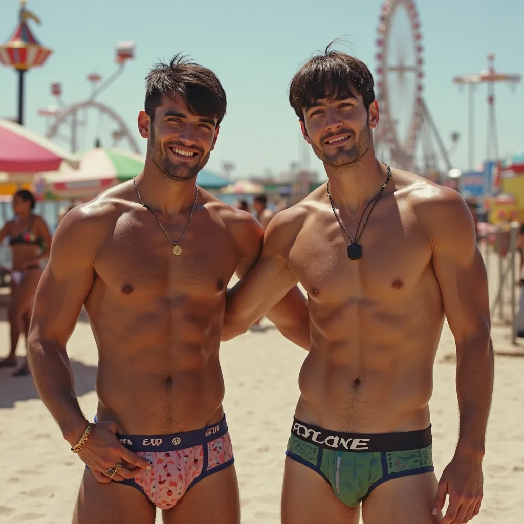 2 Latino man,naked,Only in underwear sex,A brown , moreno ,naked,models in the desert, bangs on black and straight and short hair, blue and green eyes, athletic and hairy body, big, upturned ass, at the amusement park , In the background several toys, e el...