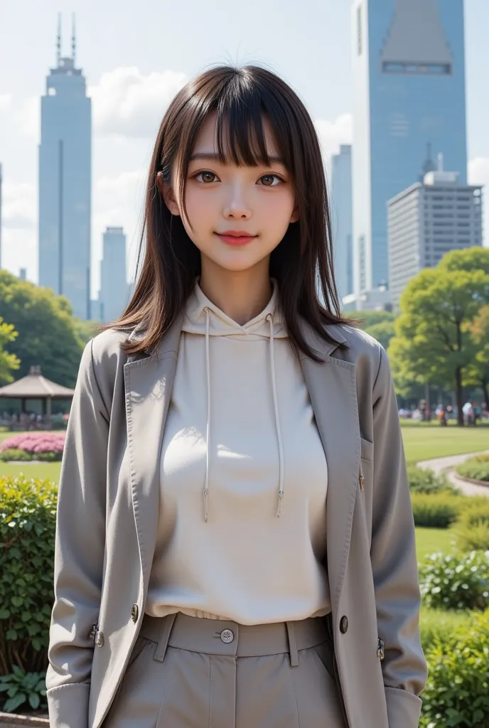 A young Thai woman, wearing a hoodie and long pant colored, a wide gray layered blazer, faces the viewer, in a park in Japan's coolest city, Acibara, featuring tall buildings that reach the sky.