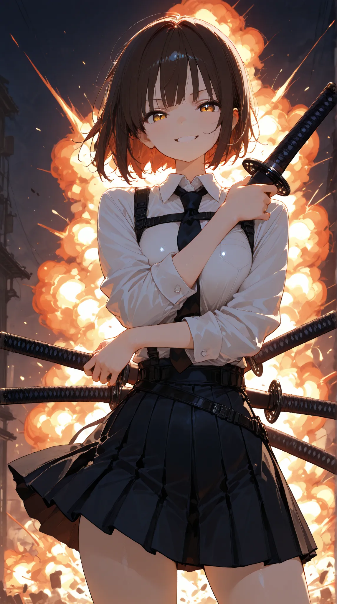 anime style, a girl holding katana, she hold her position, she hold her pose, she is smiling, explosion in background
