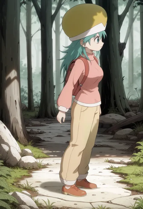 ponzu, hat, light blue hair, light blue eyes, solo, score_9, (ultra nude breasts:1.2, ultra huge tits:1.2, ultra huge cleavages:1.2, ultra huge boobs:1.2), long sleeve pink shirt, red long pants, backpack, shoes, in deep forest, trees, grasses, rocks, soli...