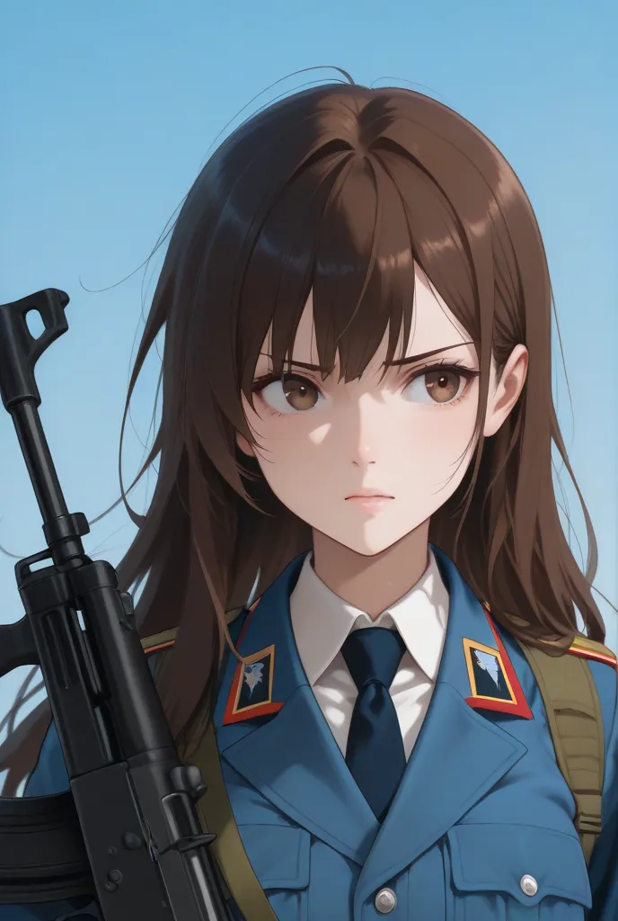 Portray an anime girl, about 25 years old. She is wearing a Russian military uniform, and on her right shoulder she has a chevron with the Russian flag (the Russian flag consists of three colors that go under each other, as I described below: White, Blue, ...