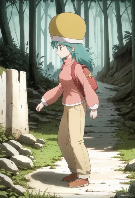 ponzu, hat, light blue hair, light blue eyes, solo, score_9, (ultra nude breasts:1.2, ultra huge tits:1.2, ultra huge cleavages:1.2, ultra huge boobs:1.2), long sleeve pink shirt, red long pants, backpack, shoes, in deep forest, trees, grasses, rocks, soli...