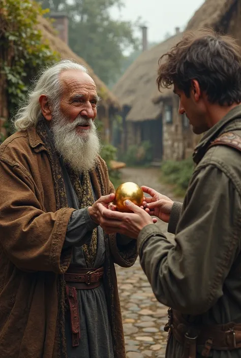 In a village, an old man was taking a lot of money from a man and giving him a gold egg