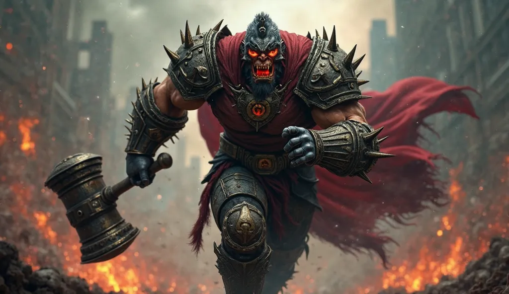 Create an image of Shao Kahn, the towering and heavily armored warlord from Mortal Kombat, running towards the viewer with an intense and menacing expression. His massive hammer is raised slightly behind him, ready to strike, and his red cape billows behin...