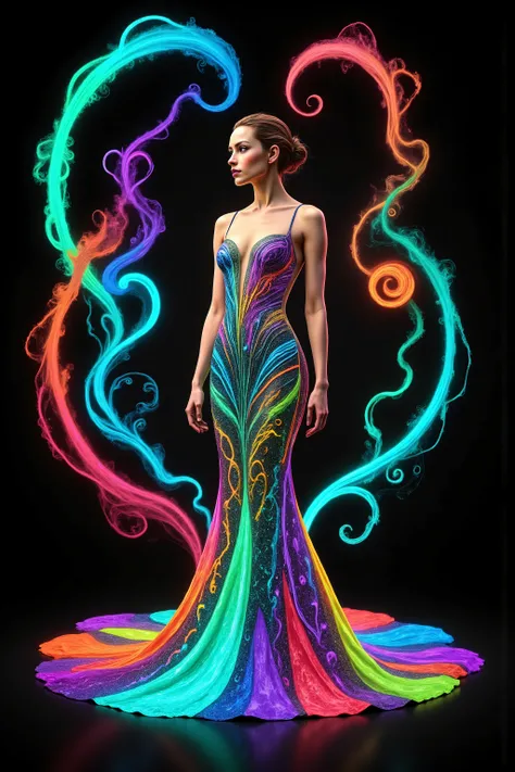 Take this image and multiply the number of swirl lines around the girl, while infusing lots of vibrant neon bioluminescent colors in the swirls as well. Make her mermaid gown highly reflective, mirror like, so all the light hits it, and reverberates it int...
