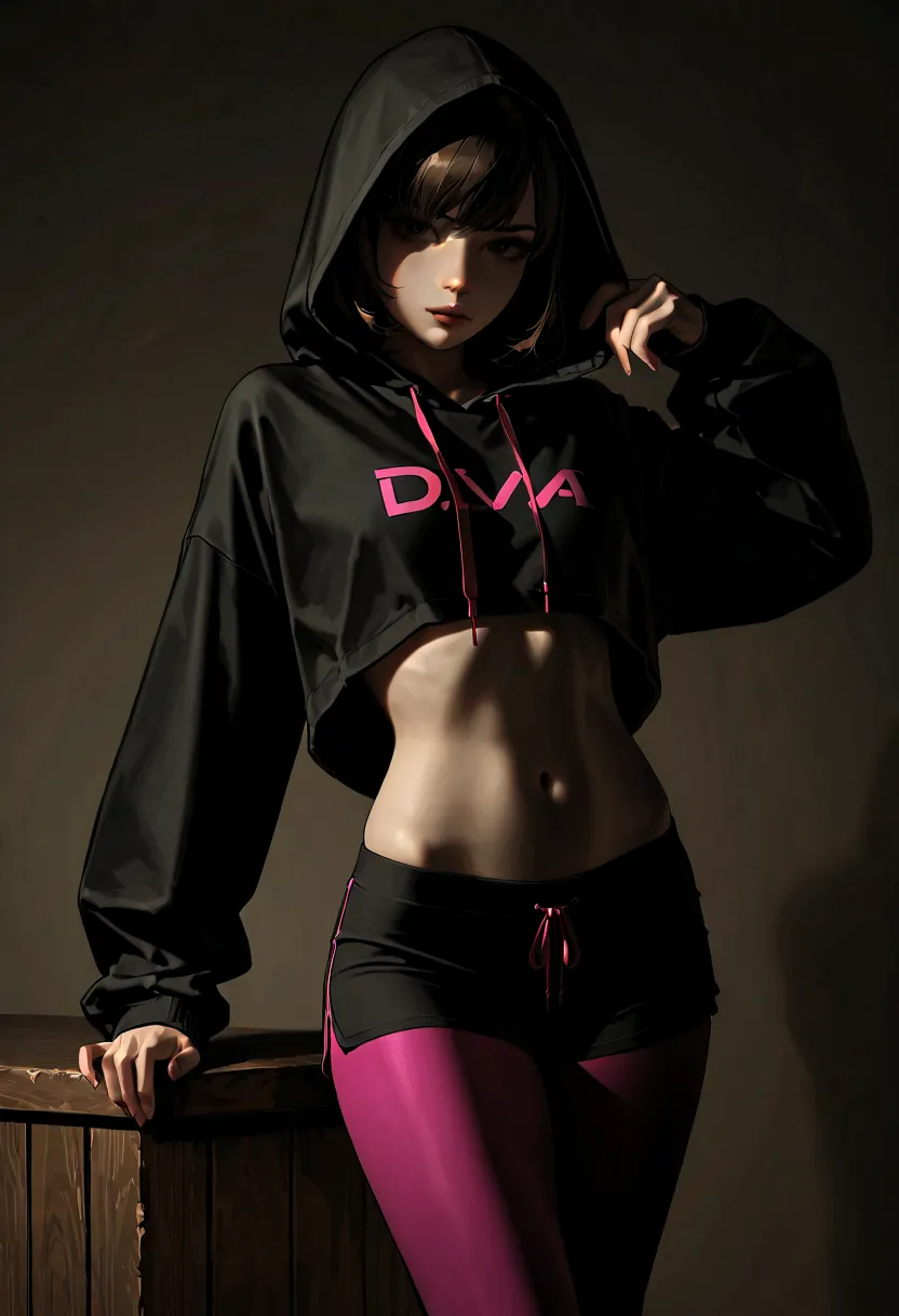 D.va from overwatch leggings and she is wearing a black hoodie she also has slim body she is posing
