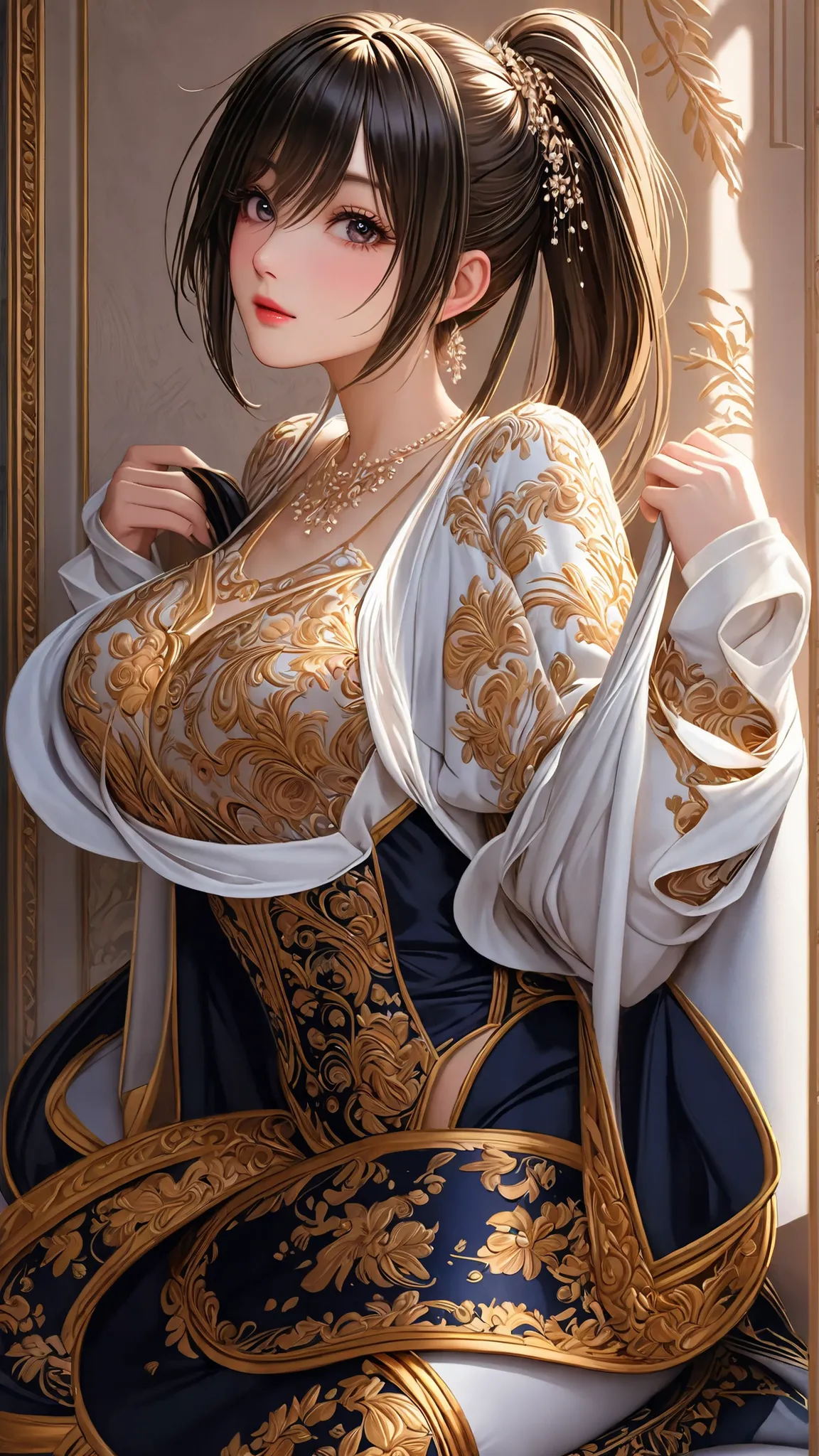 ((Top Quality)),( super high resolution ),(very well detailed),( detailed description),(( best CG )),(masterpiece), Ultra Detailed Art ,AMAZING PAINTING ART,(Art with Delicate Details:1.5), woman:1.5, beautiful well-groomed face, 