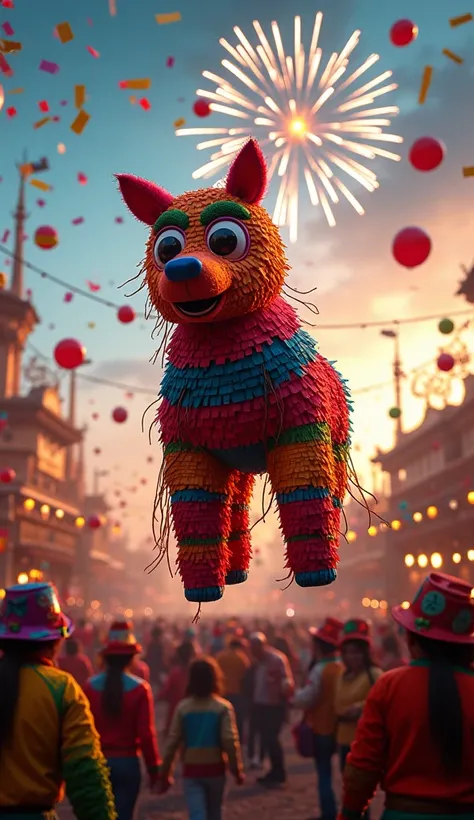 A vibrant carnival scene full of joy and color. At the center, a striking piñata covered in shiny paper in shades of red, blue, green, and gold, drawing attention with its bright and festive design. Around it, streamers, confetti, and festive lights fill t...