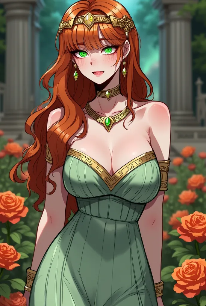 Create an image in the style of Korean manwha fanart anime with a very beautiful woman of 35 years old, green eyes and a lot of very long hair, very curly orange with bangs on her face with a little freckles on her cheeks, with a very voluptuous body and v...