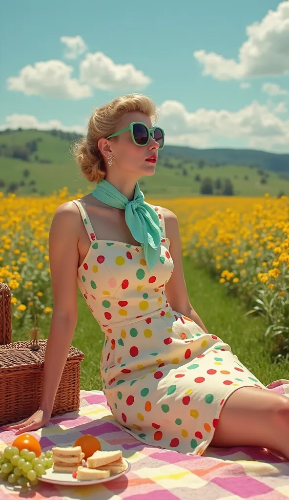 Create a vibrant, nostalgic picnic scene set in a picturesque countryside landscape. The setting is a wide, open field blanketed with colorful wildflowers—predominantly yellow, with hints of pink, purple, and blue—stretching toward rolling green hills unde...