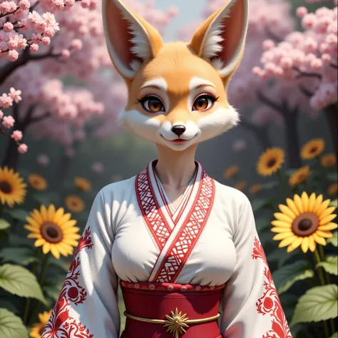 A kitsune in a traditional Japanese kimono with Ukrainian vyshyvka embroidery on the sleeves and collar. The embroidery features red and black geometric patterns. She stands in a Japanese garden with cherry blossoms and sunflowers in the background.