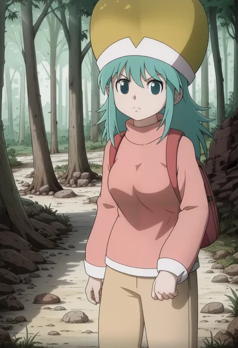 ponzu, hat, light blue hair, light blue eyes, solo, score_9, (ultra nude breasts:1.2, ultra huge tits:1.2, ultra huge cleavages:1.2, ultra huge boobs:1.2), long sleeve pink shirt, red long pants, backpack, shoes, in deep forest, trees, grasses, rocks, soli...