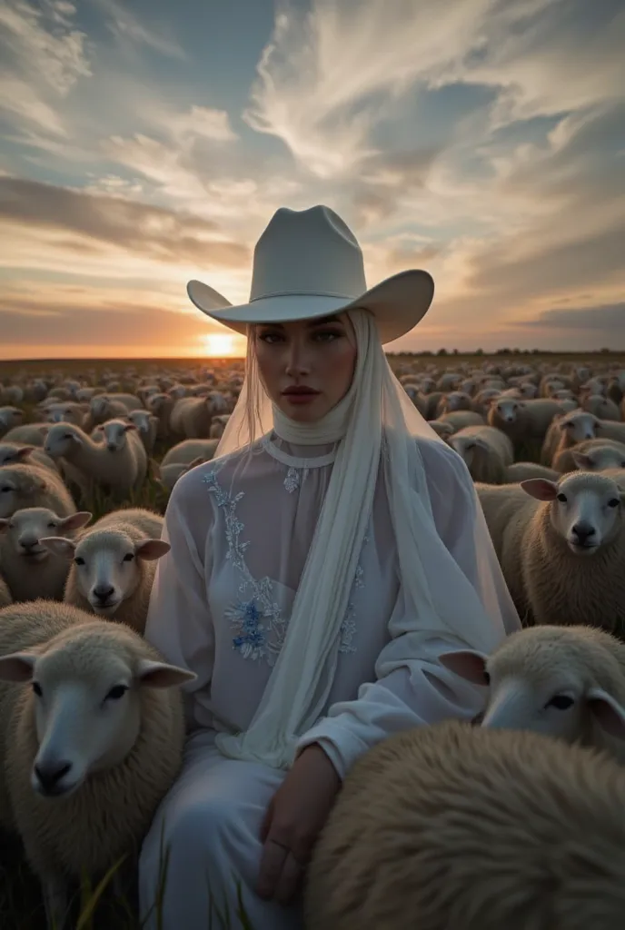 A surreal and ethereal portrait of a mysterious woman draped in a flowing, semi-transparent veil adorned with delicate embroidered blue flowers. She sits in the field amid a flock of sheep, gazing forward with an enigmatic expression, partially obscured by...