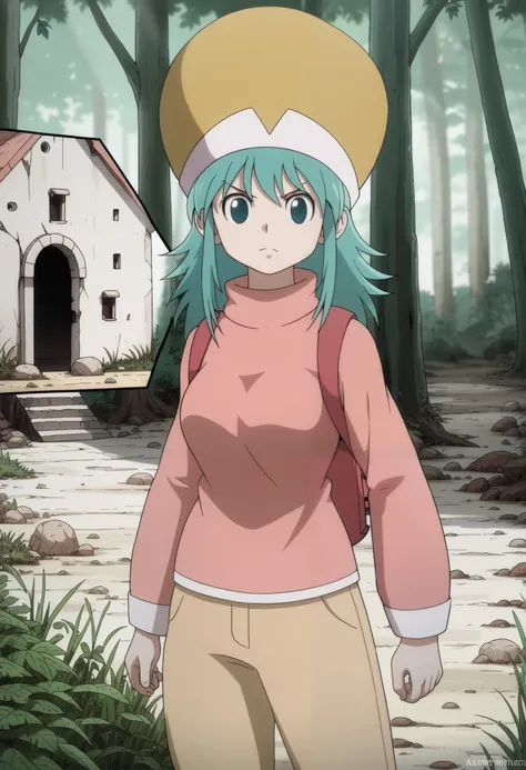 ponzu, hat, light blue hair, light blue eyes, solo, score_9, (ultra nude breasts:1.2, ultra huge tits:1.2, ultra huge cleavages:1.2, ultra huge boobs:1.2), long sleeve pink shirt, red long pants, backpack, shoes, in deep forest, trees, grasses, rocks, soli...
