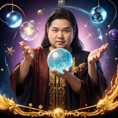 Seller is 40 years old,holds a crystal ball with both hands,  horoscopes , Cast magic , Cast magic ทรงพลัง, casting defensive spells, Perform magic knocks, Spell  wizard, Spell ,Thai people,THE CARD WIZARD,man,Fat person