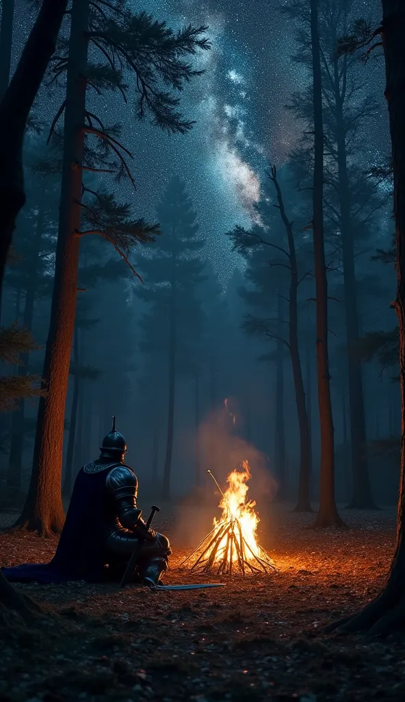 Forest at night with sky full of stars and a pit-fire in the middle with one warrior knight wearing medieval plate armor of black titanium and a healm sitting by the pit-fire resting alone, uma espada cravada no chao ao lado da pit-fire, 8k, full body armo...