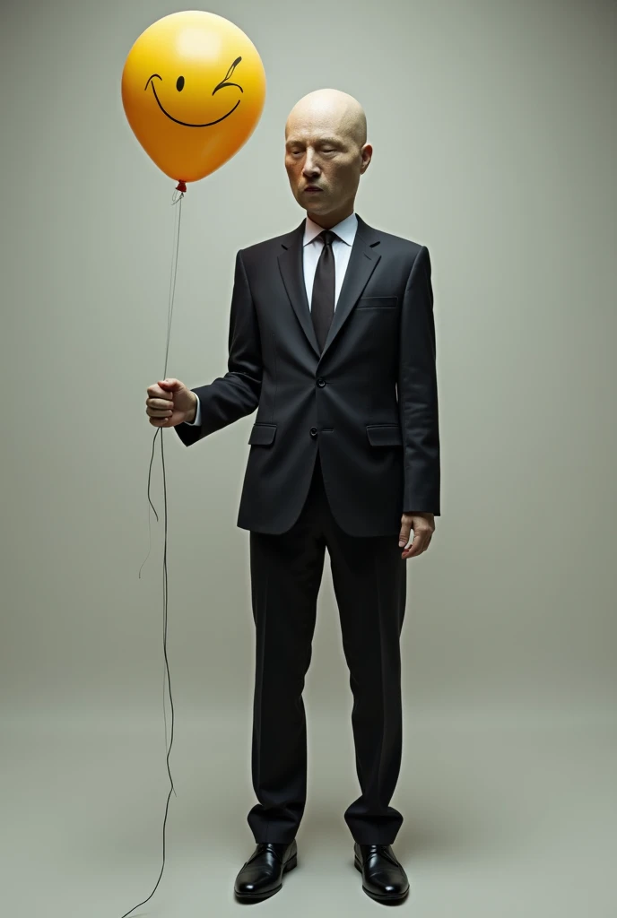 A faceless man in a formal suit holds a balloon, that shows his own smiling face instead of a picture.