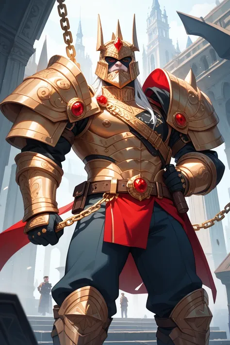 Large, stylized monster figure, centrally positioned, wearing elaborate armor.  The figure is predominantly dark blue and black, accented with gold and red details.  The armor is segmented and has a mechanical, almost futuristic design.  The monster has a ...