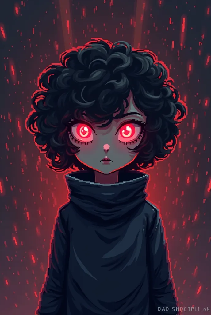 Pixel character with red eyes and curly hair standing in front of a black background