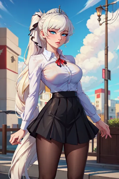 (masterpiece, best quality, absurdres, 4k, aesthetic, detailed, intricate),1girl,nikkecrwn,tiara, tall body, hair ribbon, 
Cosplay as Weiss Schnne from Rwby, black long sleeve collared shirt、Plaid pleated skirt、black tights
 






