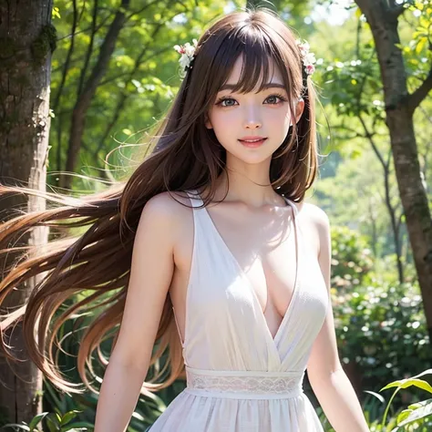 、Light brown long hair and、Bright brown eyes。The skin is white、with a radiant shine。 Light dress 、、 in the woods、Eyes Without Highlights、One girl、Mysterious light、with your mouth closed、Smiling faintly