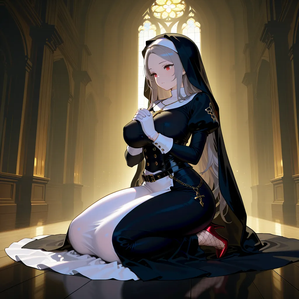 ((solo)), amazing masterpiece, top quality, high fashion, absurdres extremely, HDR, intricate details, vivid colors, michaeladef, large_breasts, long hair, parted bangs, grey hair, red eyes, black veil, nun_habit, black dress, white false_collar, cross nec...