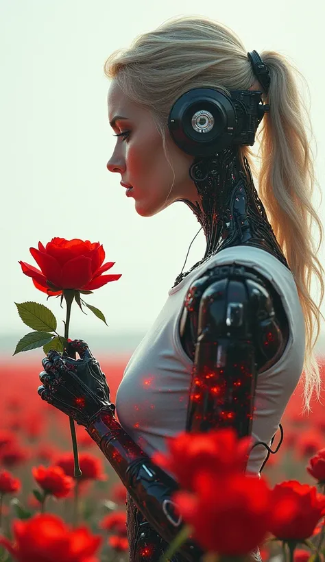 (masterpiece:1.2,exceptional quality,display case,Cinematic Experience,photorealistic,RAW photos, super detailed ),8k,wallpaper,(Beautiful multiple exposure combining blonde girl,  Woman, Cyborg and Cyberpunk City),(the background is a beautiful flower fie...