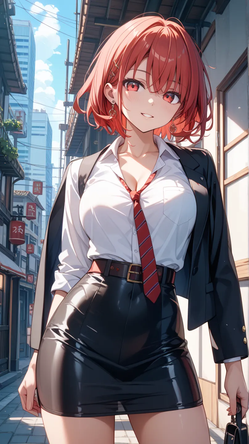 one woman、older sister、adult woman、short hair、 businesswoman、black suit、black tight skirt、white shirt、loosened ties、have red cheeks、looking at viewer, chest is big、 night city、wearing a vest、chest is big