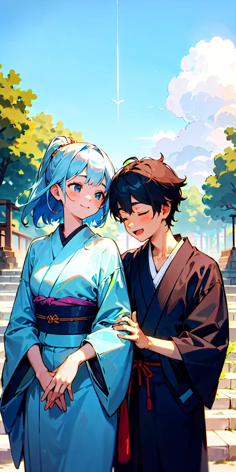 2 young Japanese lovers, under the blue sky,Good friends, has a bright smile,Man's hand on woman's shoulder