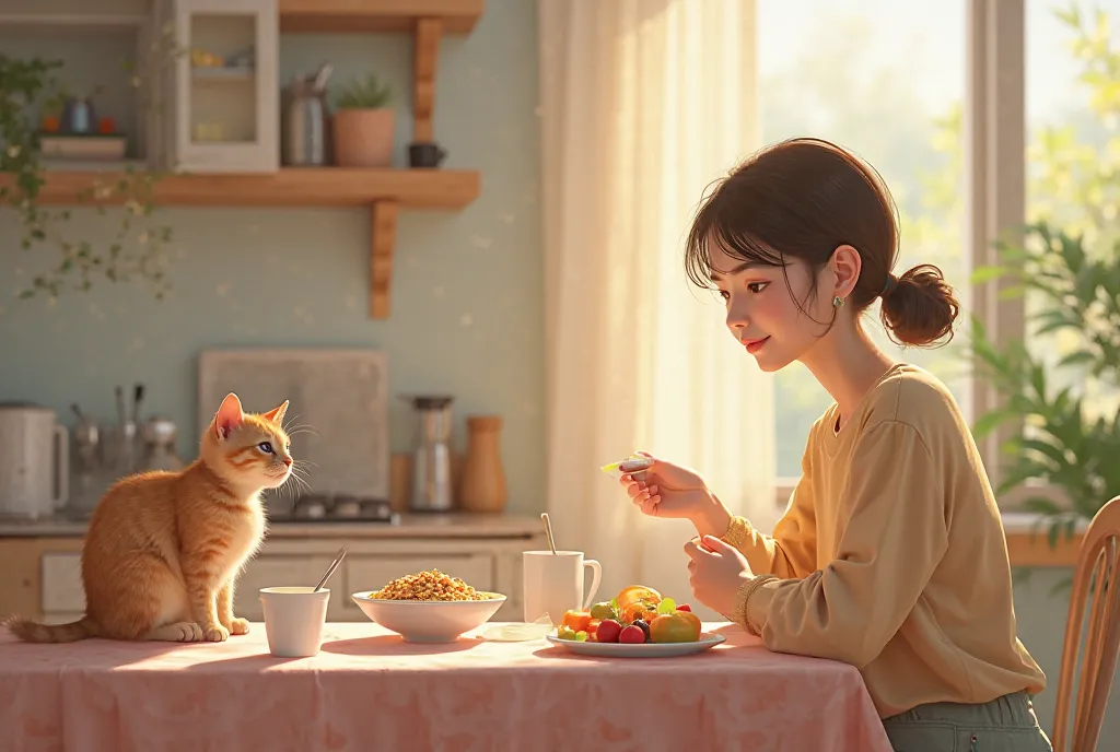 woman, Age, s,  girl, Short nose,  side view ,  breakfast , milk, morning sun, A cat is sitting on the floor, muesli, Fruit  , natural-realistic, man 