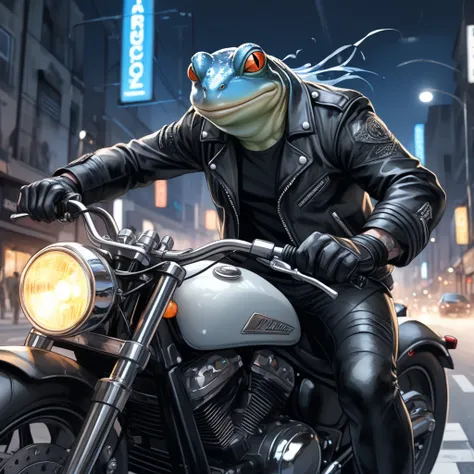 Closeup, Watercolor, "spectacular comic book art style rendering of an extremely badass anthropomorphic light blue and white bullfrog wearing an insanely cool black leather biker jacket open, black shirt, black leather biker gloves, black leather biker pan...