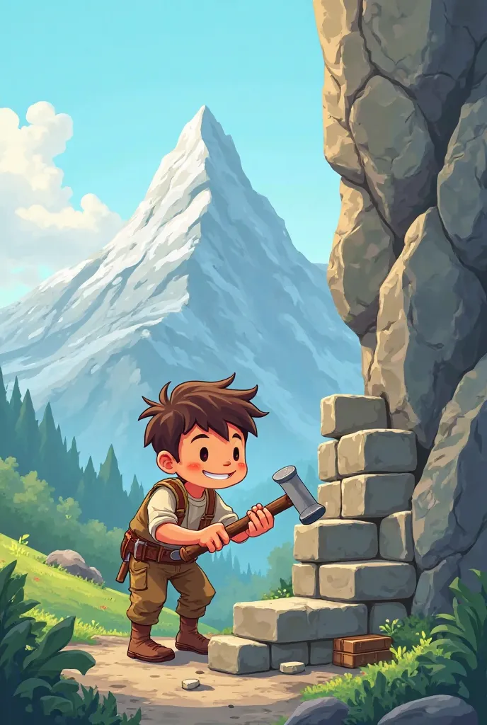 Create a cartoon of a mountain stone with a boy cutting slabs on the side of that mountain