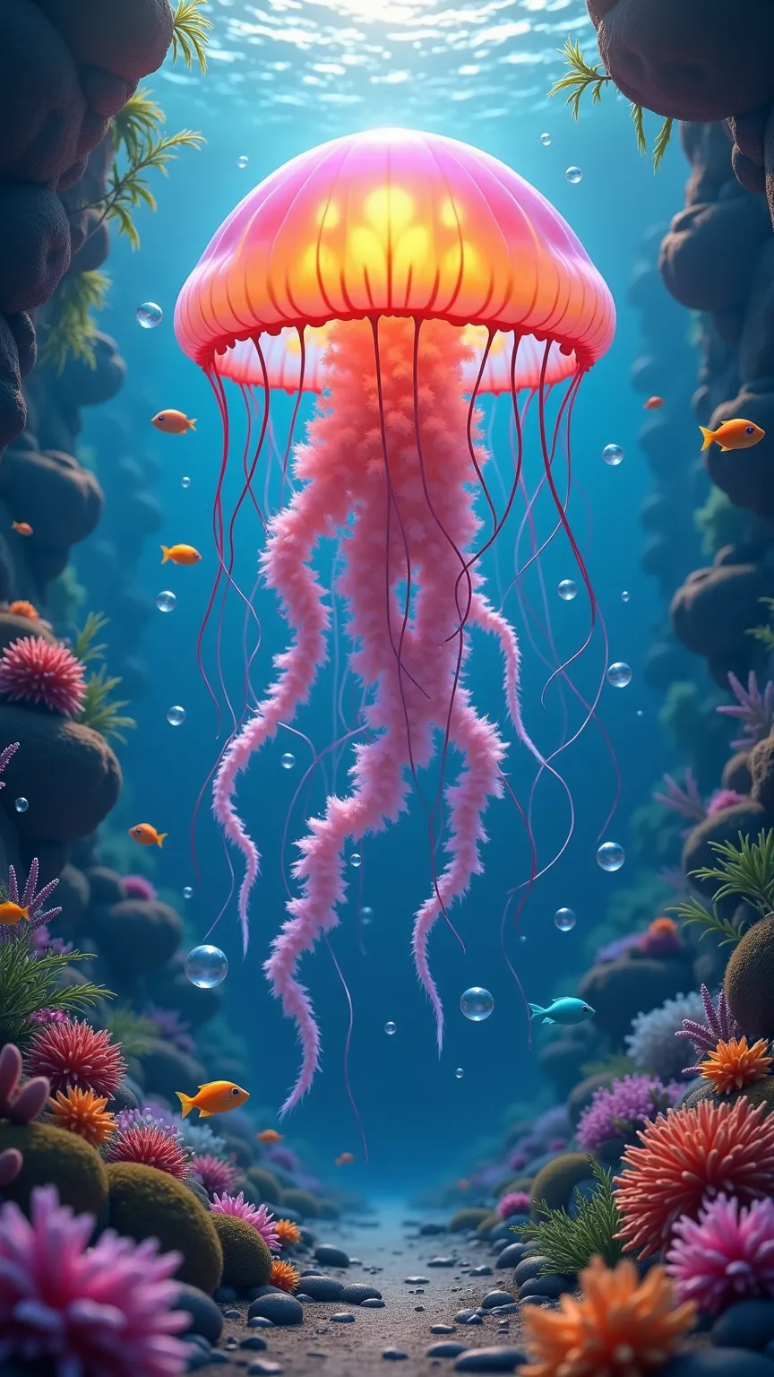 depth of field, masterpiece, best quality,photo realistic, photo of gigantic rainbow colored jellyfish,underwater, air bubble, solo, swimming like dancing,(),bubbles of air,, dappled sunlight, Dive into the mesmerizing depths of a beautiful underwater scen...