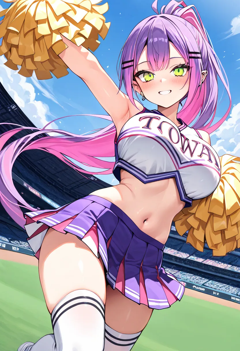 (Top Quality , 8k , masterpiece , incredibly absurdres , perfect body , super detailed skin , highly detailed eyes and face , 1 woman ) , tokoyami towa , purple Hair , Green eyes , smile ,  will be happy , (  cheerleader costume , thigh-high socks , baseba...