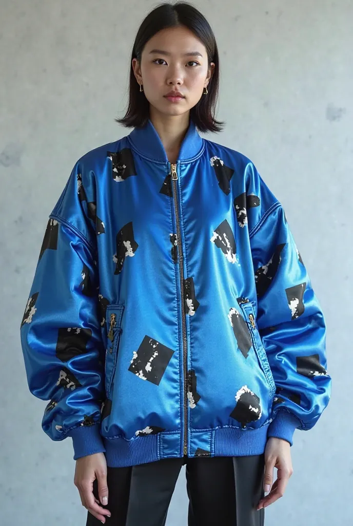 Blue satin oversized jacket with white and black symmetrical prints