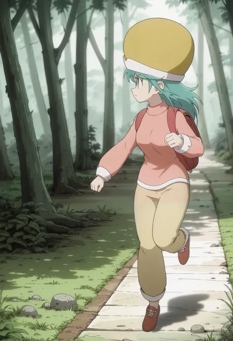 ponzu, hat, light blue hair, light blue eyes, solo, score_9, (ultra nude breasts:1.2, ultra huge tits:1.2, ultra huge cleavages:1.2, ultra huge boobs:1.2), long sleeve pink shirt, red long pants, backpack, shoes, in deep forest, trees, grasses, rocks, soli...