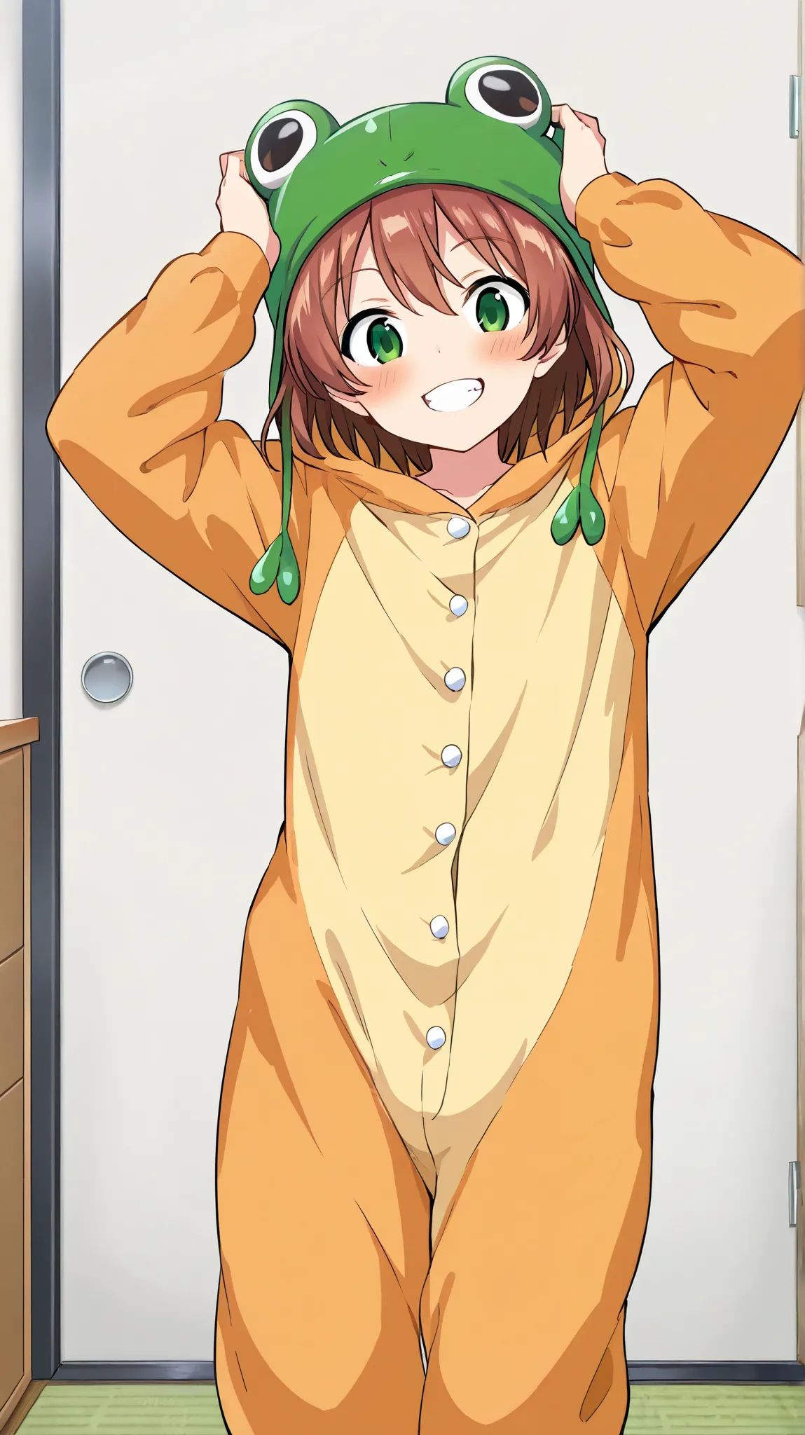 best_quality, detailed_background, 1boy, femboy, short hair, brown hair, green eyes, smiling, onesie, frog hat