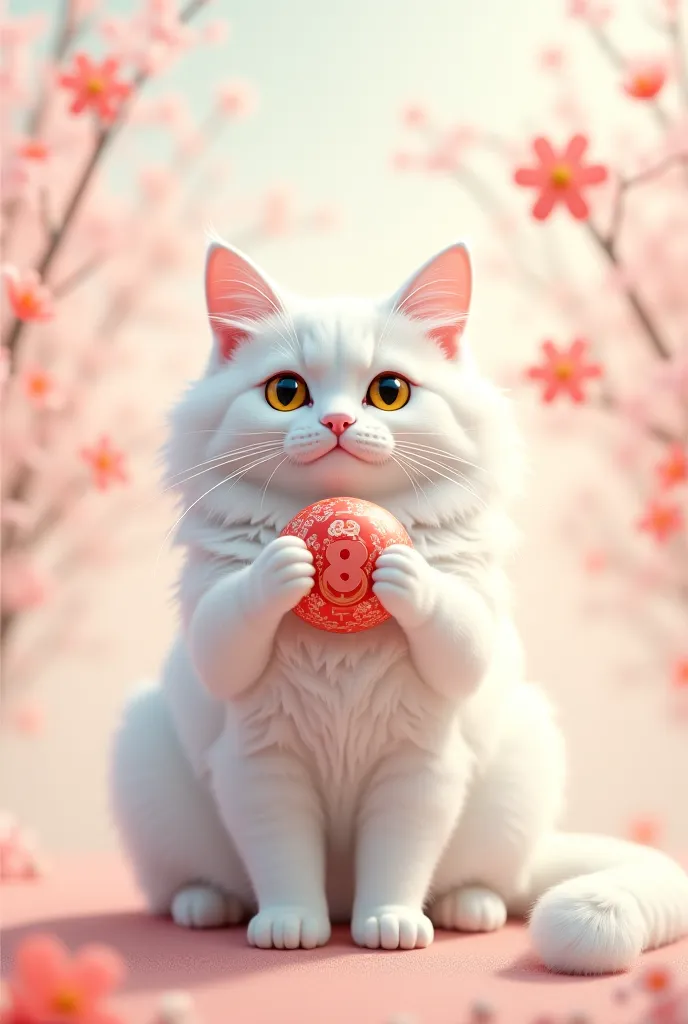 A white cat with long hair with yellow eyes, holds a kaita in its paws and congratulates on the spring holiday. The photo should have the number 8. 