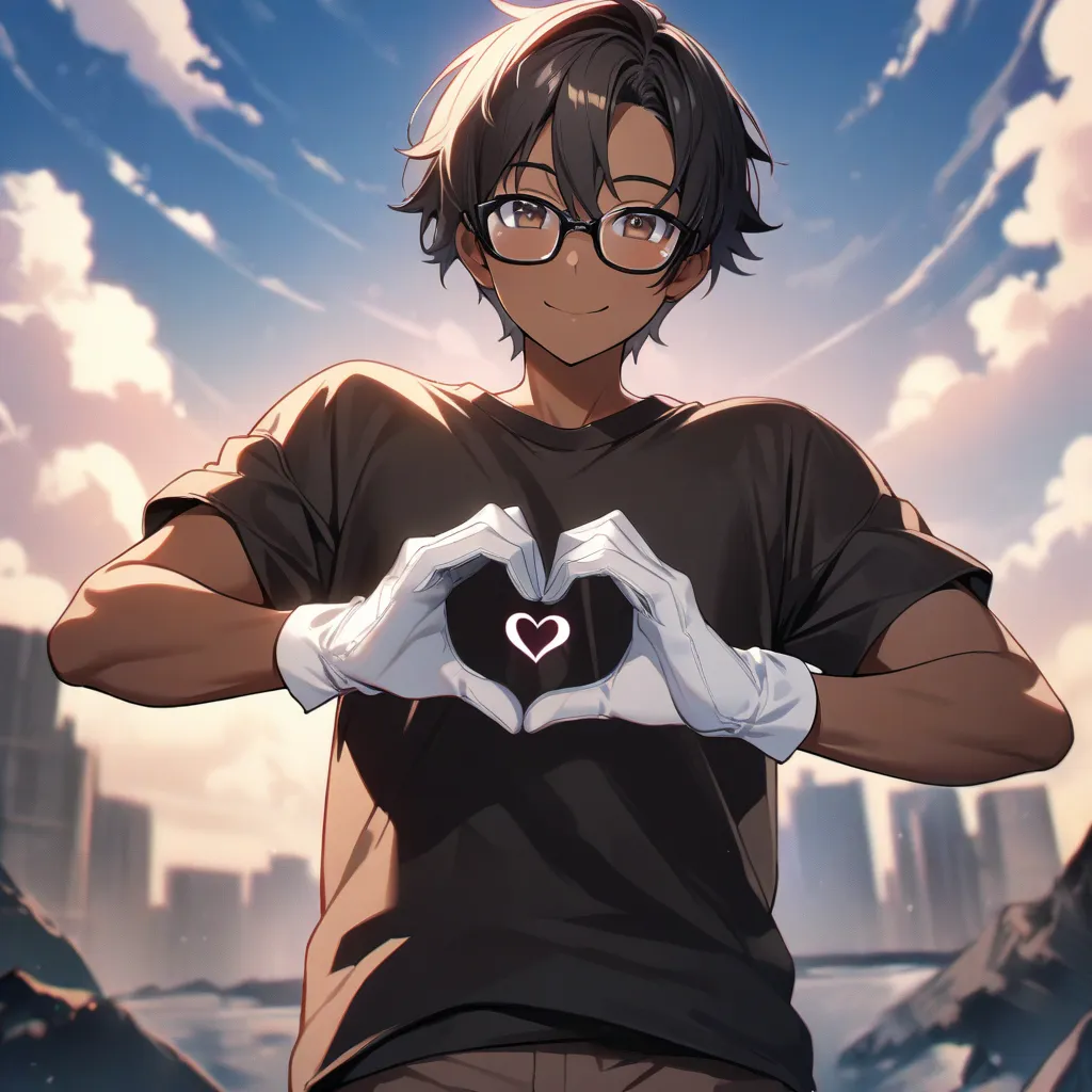 1boy with black hair, dark brown eyes, black glasses, brown skin, plain black t-shirt, beautiful sky background, high-quality (cute and detailed), standing in the middle, hands (white gloves, heart-shaped gesture), serene smile, 4k