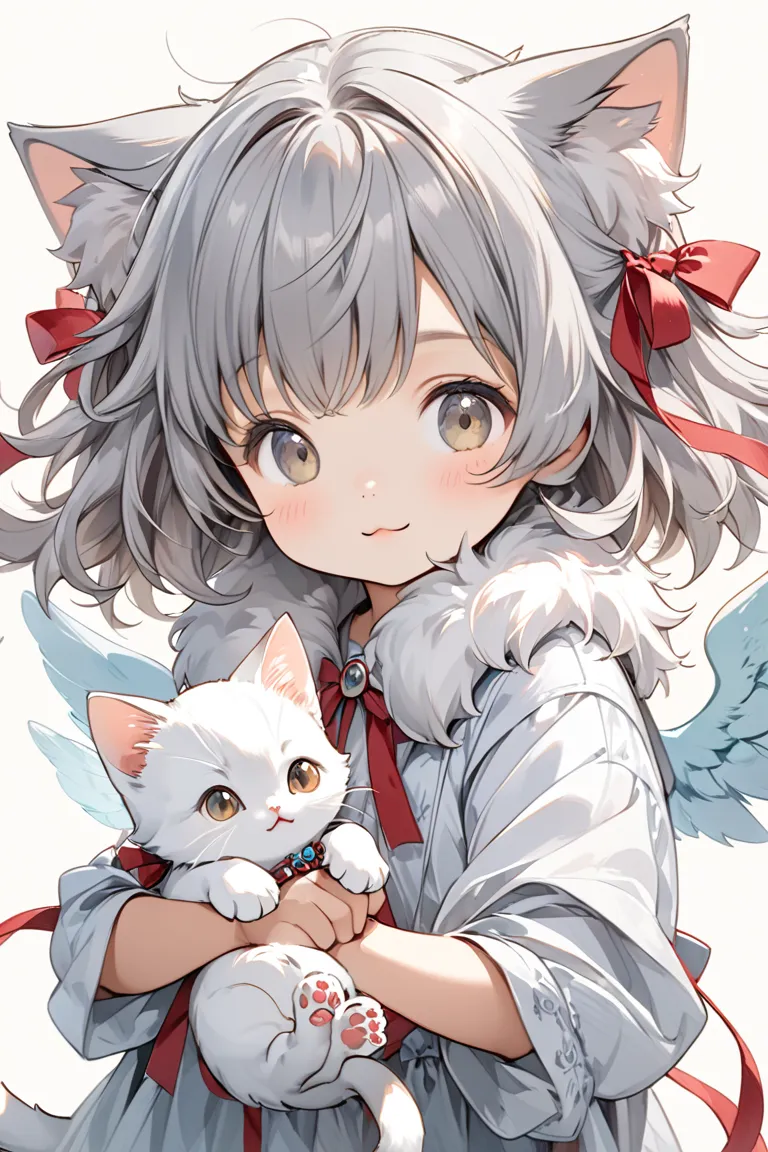 Cute gray kitten (age:0.5), (detailed fur:1.2), with light-colored wings, (accessories:1.1, ribbons:1.2), flying, holding something small, (expression:1.2, playful), facing viewer, (pose:1.2, slightly angled), lower right quadrant of the image. Background ...