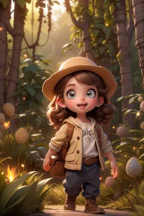 {{A ((vibrant and expressive)) depiction of {a young girl explorer with a curious and adventurous spirit}}} with {((a detailed explorer outfit, including a safari hat, backpack, and map in hand))}. This is a {((Pixar-style 3D animation))}-inspired image th...