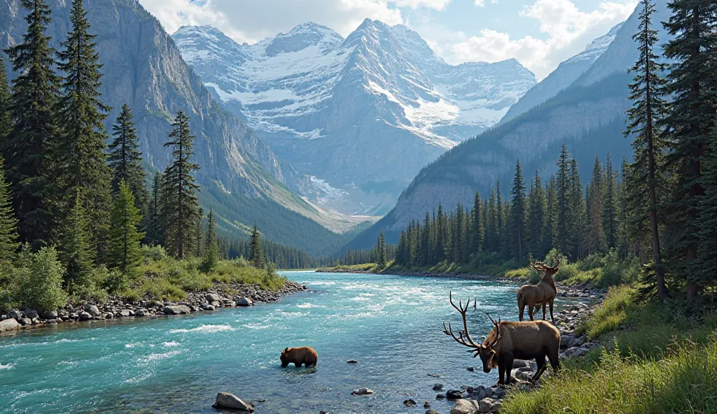 "A breathtaking view of Banff National Park, featuring towering snow-capped mountains, turquoise lakes, and dense evergreen forests. A grizzly bear fishes in a river, while an elk stands near the tree line. The scene is untouched by human development, show...