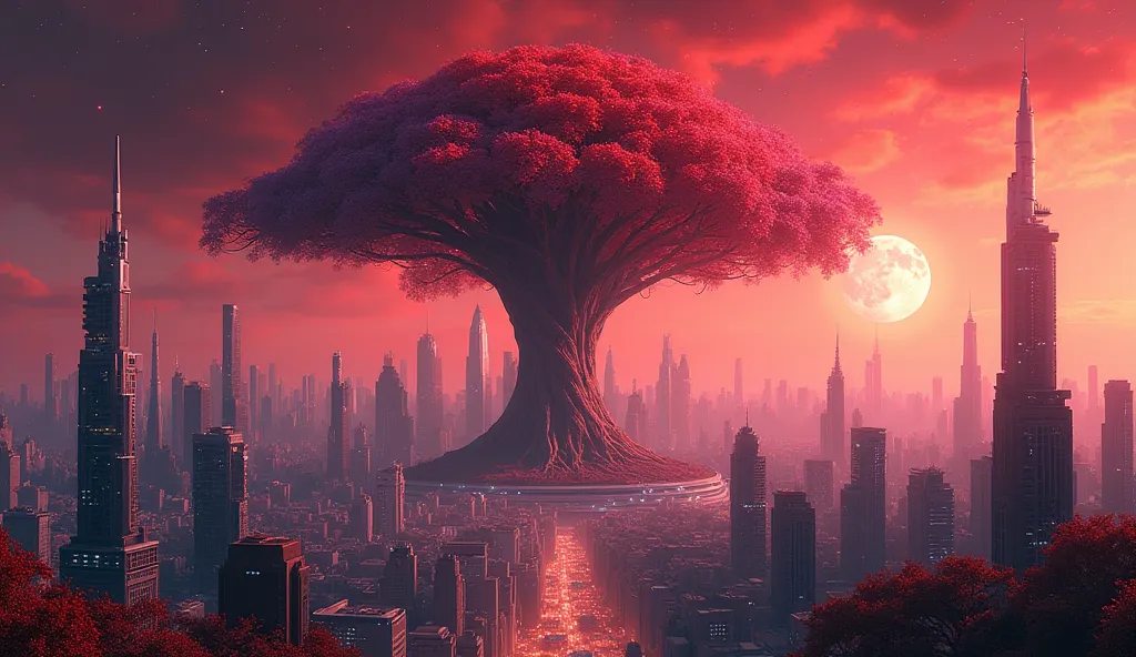 Panoramic view of a large technological, modern and scientific city, in the middle of the city there is a colossal tree with multicolored leaves, the sky is reddish, the moon is crimson red accompanied by red stars.