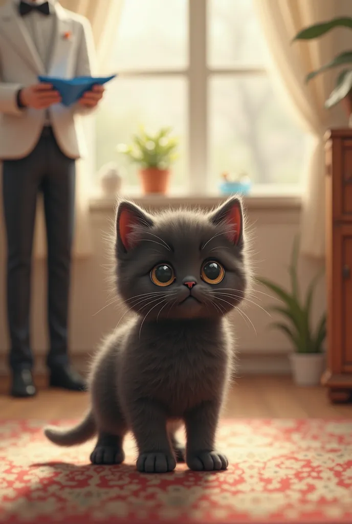 Picture of a realistic kitten standing. 、in the room、I have a blue handkerchief in my hand.、 I'm wearing a white tuxedo 、Cute black cat, .  background  " The room has a window、