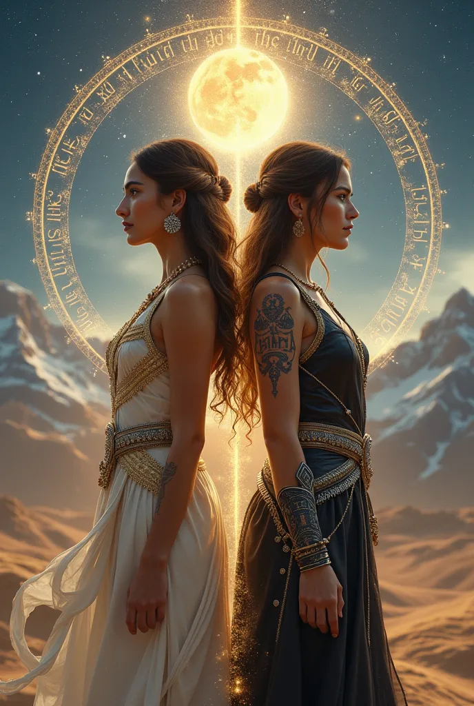 Prompt para imagem:

"Camila Cabello e lauren Jauregui estão de costas uma para a outra, linked by an ethereal thread intertwined with gold and silver that shines brightly in the center of their back. The mystical connection pulsates like an ancient energy...